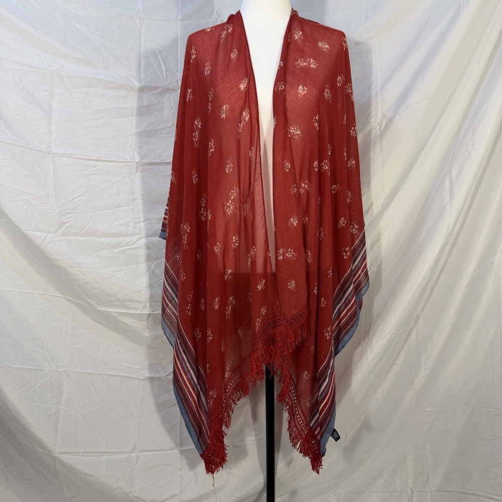 Lane Bryant Kimono Scarf Wrap Womens One Size Red Floral Fringe Stripe Boho